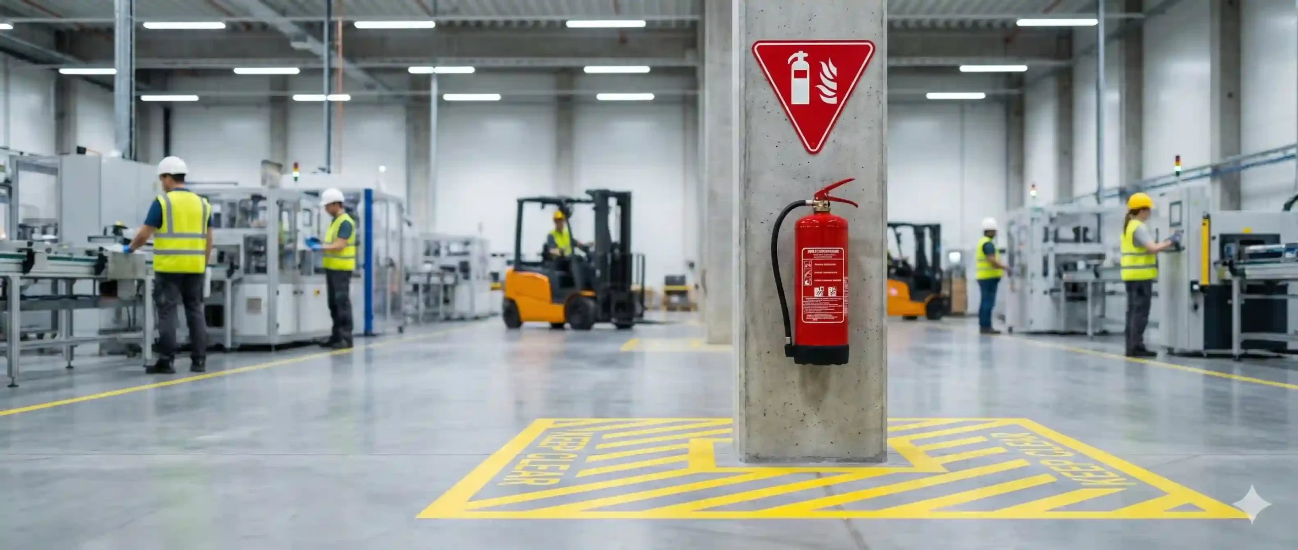 Ilustrasi penempatan APAR pabrik yang strategis dengan tanda segitiga dan marka lantai bebas hambatan.