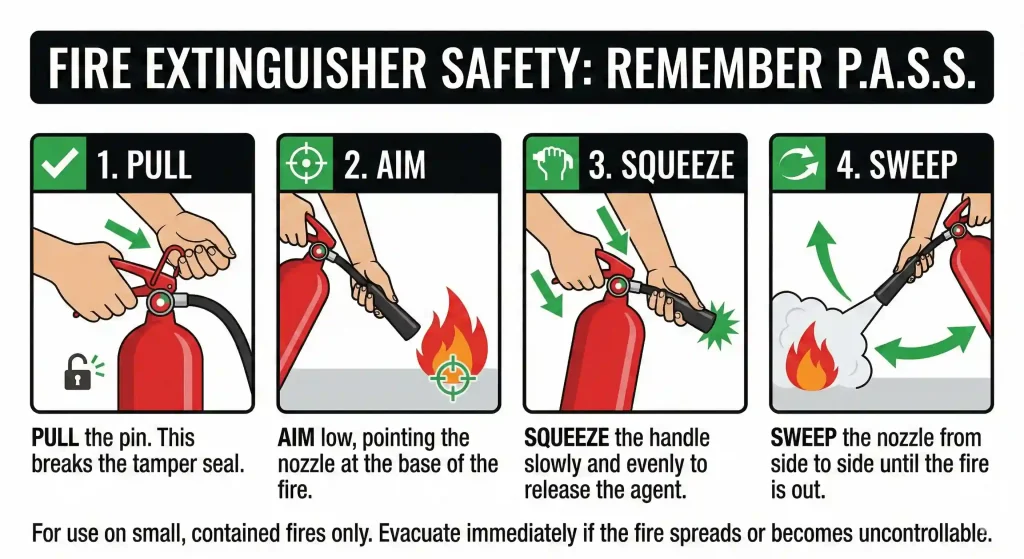 Infografis panduan teknik PASS (Pull, Aim, Squeeze, Sweep) untuk penggunaan APAR yang benar.