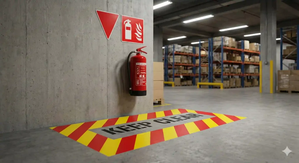 Tanda segitiga APAR dan marka lantai area steril di pabrik untuk memastikan akses mudah.