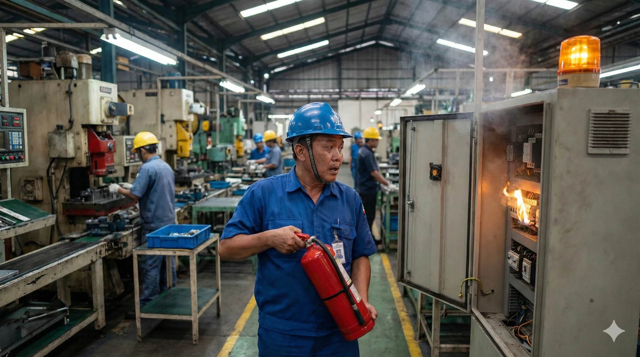 Ilustrasi pekerja pabrik yang ragu saat menghadapi situasi darurat akibat kurangnya pemahaman penggunaan APAR.