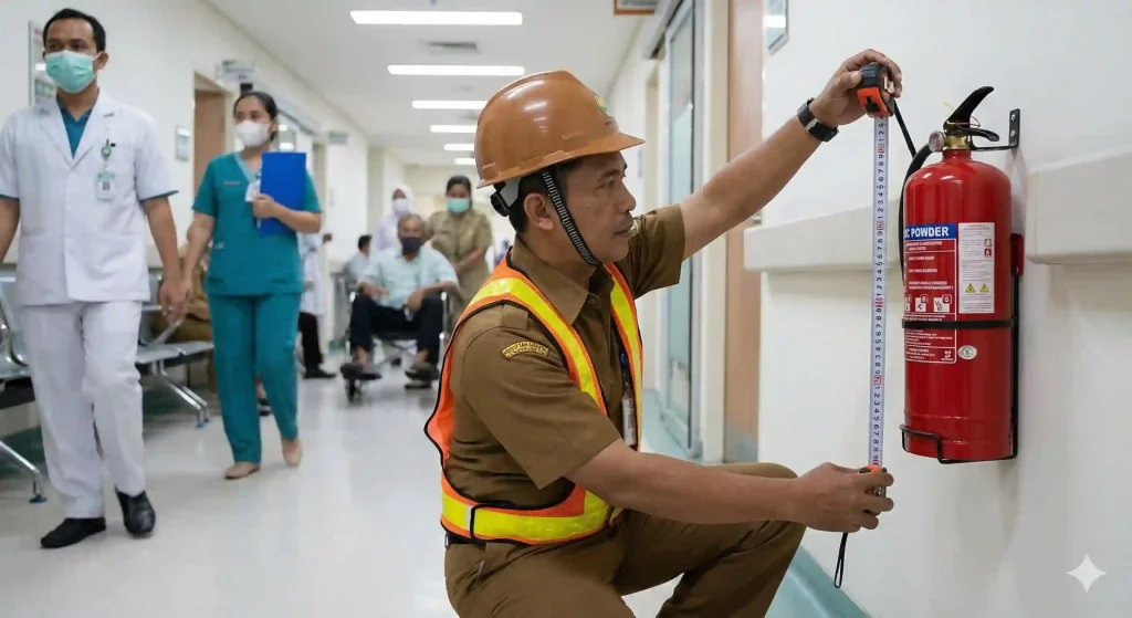 Proses audit kebutuhan APAR rumah sakit berdasarkan luas area dan zona risiko.