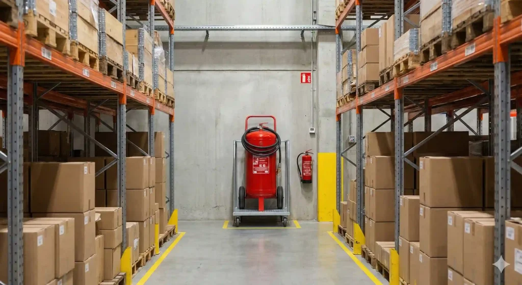 Penempatan kombinasi APAR trolley dan portable di gudang pabrik untuk proteksi maksimal.