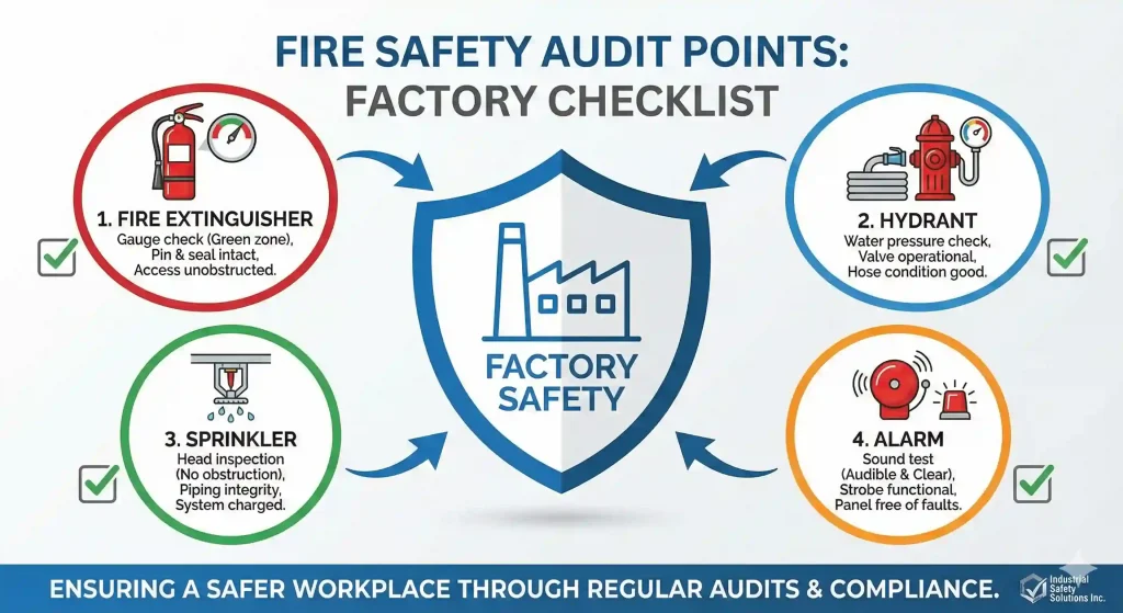 Checklist indikator utama dalam audit sistem proteksi kebakaran meliputi APAR, hydrant, sprinkler, dan alarm.