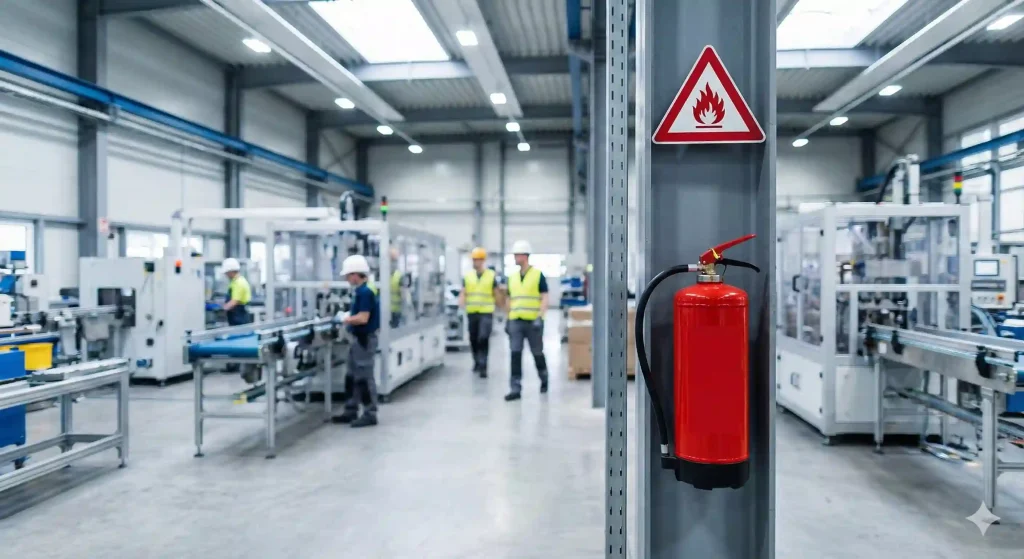 Ilustrasi penempatan APAR di pabrik yang strategis dan mudah terlihat di area produksi.