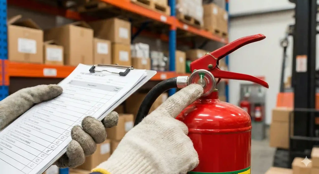 Proses inspeksi rutin tekanan tabung APAR untuk memastikan alat siap pakai.