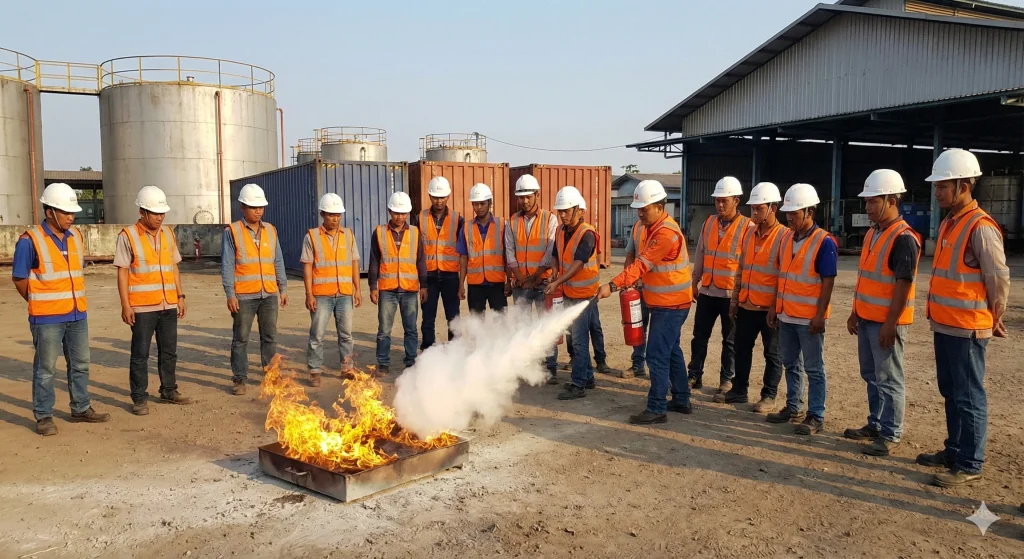 Pelatihan pemadaman api bagi karyawan pabrik sebagai bagian dari strategi mitigasi risiko.