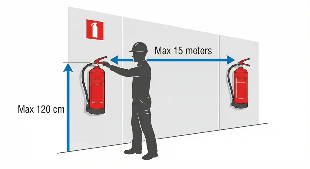 Infografis standar tinggi pemasangan APAR maksimal 120 cm dari lantai sesuai Permenakertrans.