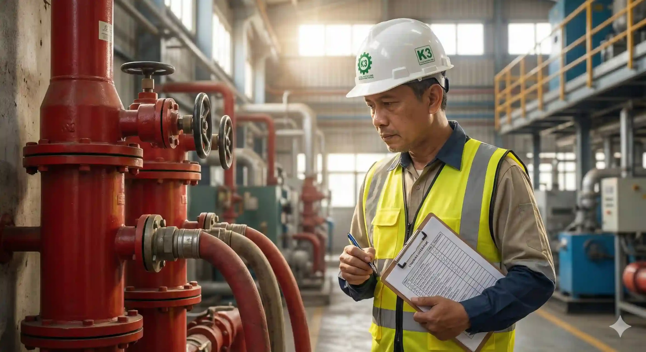 Profesional K3 sedang melakukan audit sistem pemadam kebakaran pabrik pada instalasi hydrant.