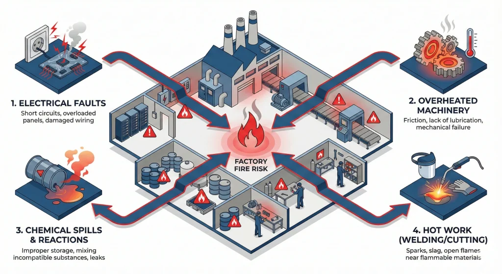 Infografis empat penyebab utama kebakaran pabrik: listrik, mekanis, kimia, dan pekerjaan panas.