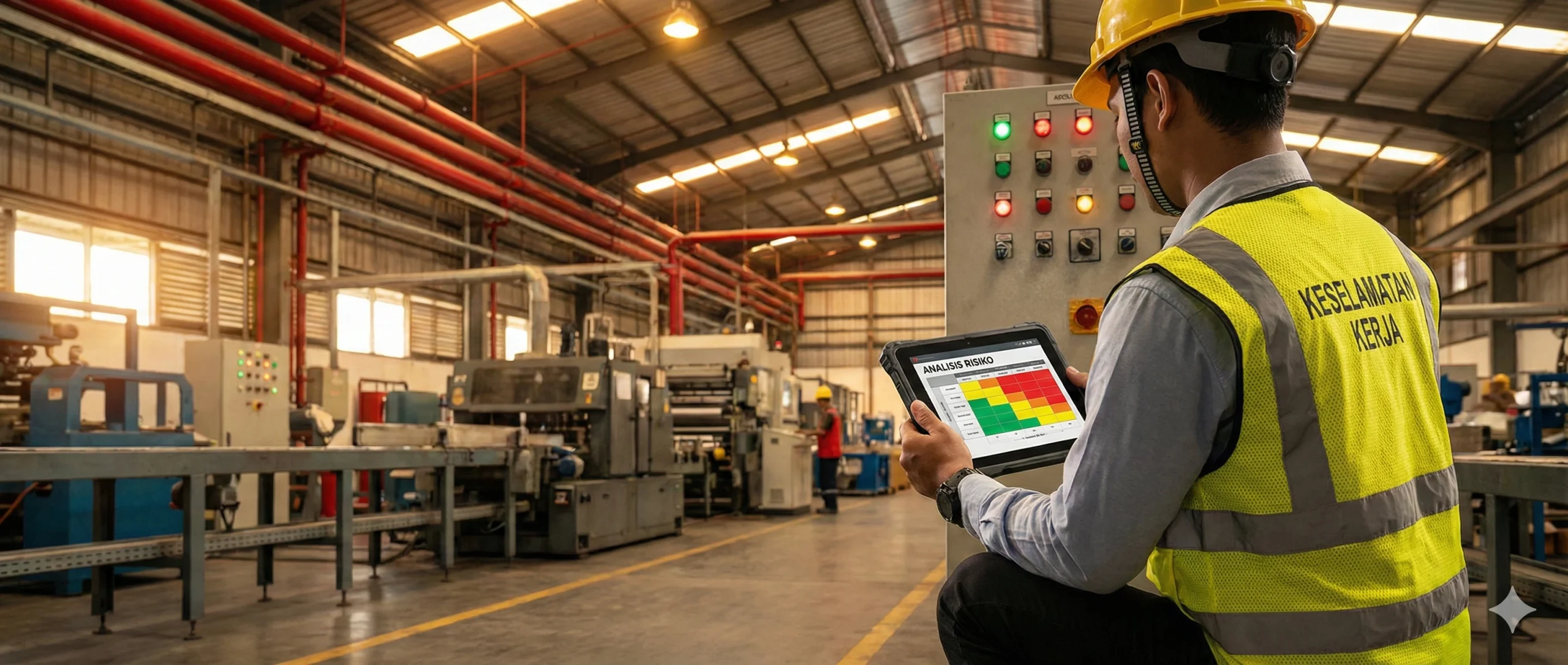 Inspeksi risiko kebakaran pabrik oleh teknisi keselamatan menggunakan perangkat digital di area produksi.
