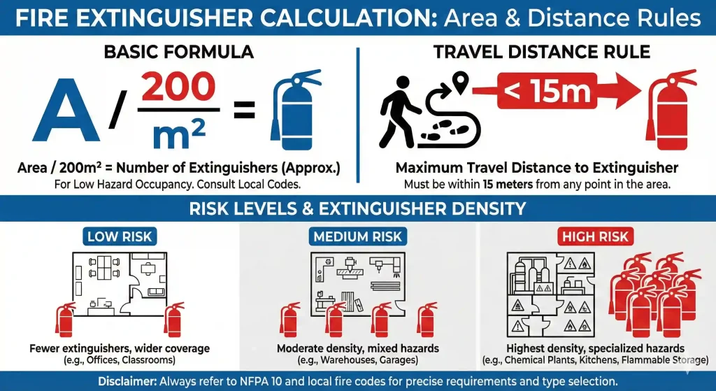 Infografis cara menghitung kebutuhan APAR pabrik berdasarkan luas area dan jarak tempuh.