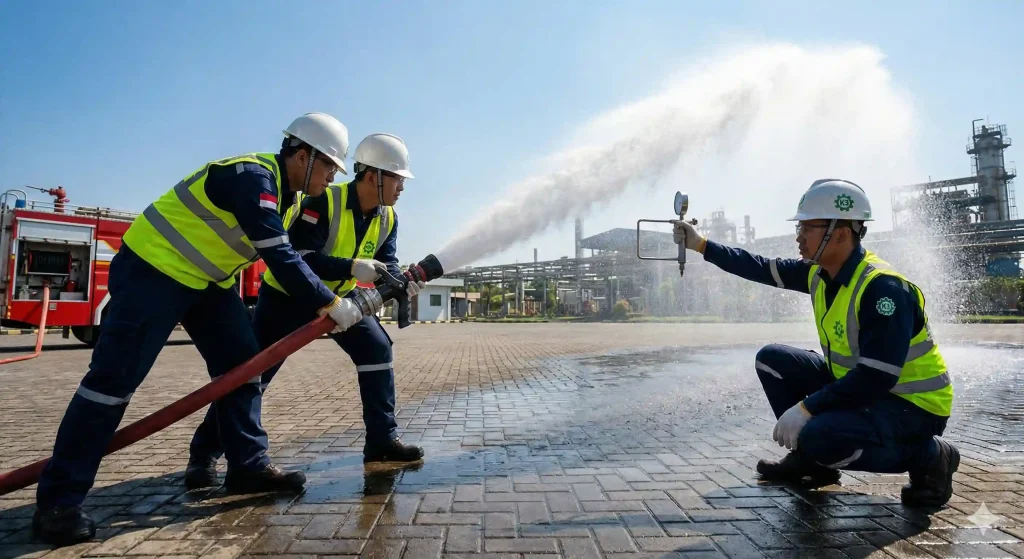 Pengujian tekanan air hydrant atau flow test sebagai bagian dari audit fungsi sistem proteksi.