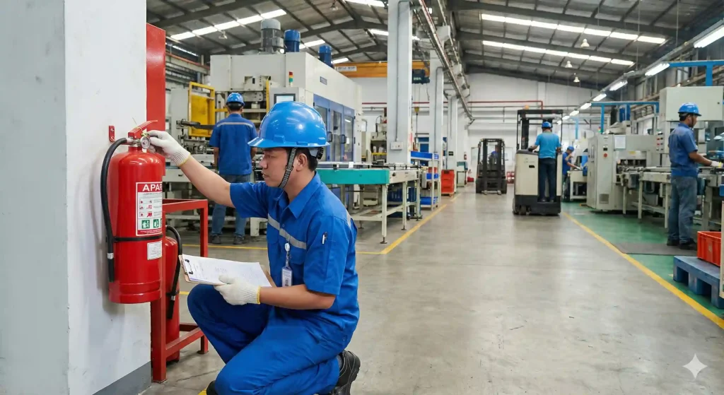 Inspeksi rutin alat pemadam kebakaran pabrik memastikan kesiapsiagaan dan efektivitas sistem proteksi.
