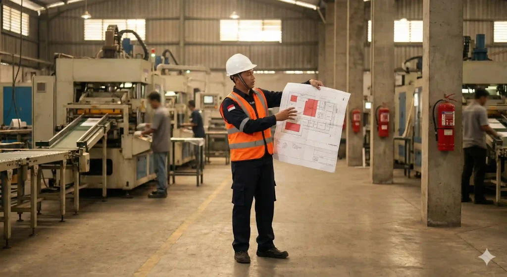 Ilustrasi manajer keselamatan kerja sedang melakukan analisis perhitungan kebutuhan APAR pabrik menggunakan peta risiko digital.