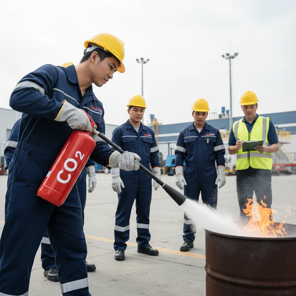 Instruktur memberikan pelatihan standar K3 kebakaran kepada tim perusahaan.