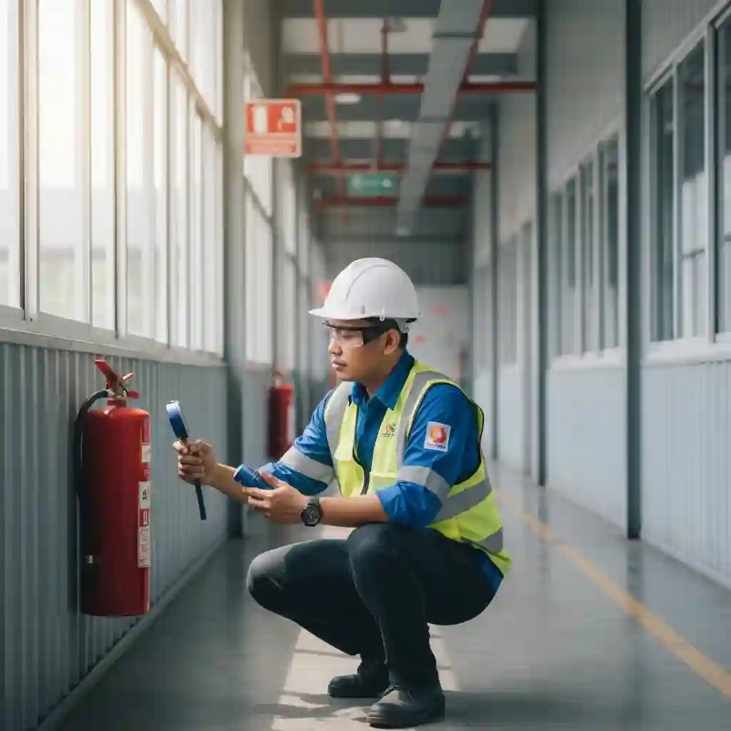 Petugas K3 sedang memeriksa tekanan APAR di area industri.