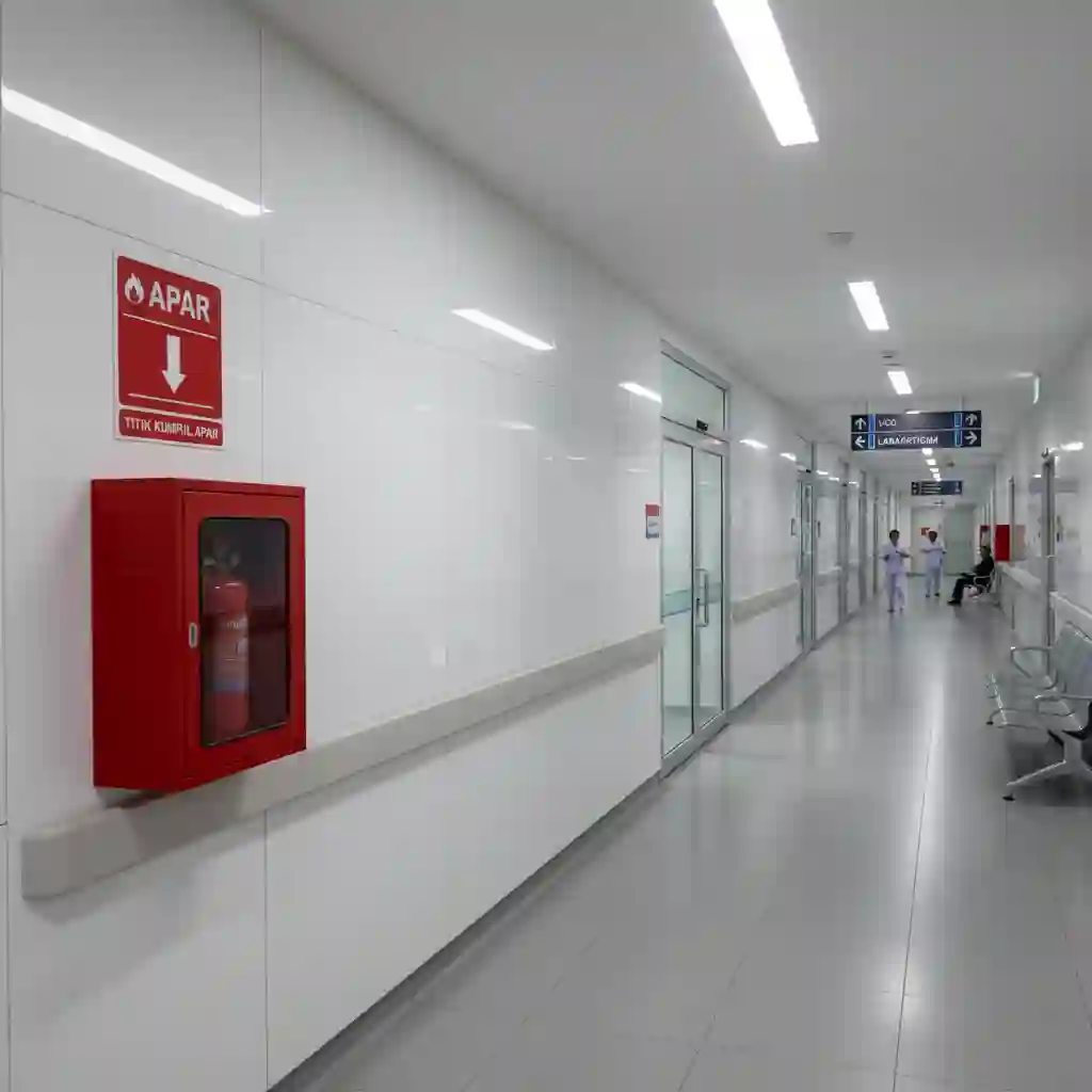 Contoh penempatan APAR rumah sakit yang sesuai standar di koridor utama fasilitas medis.