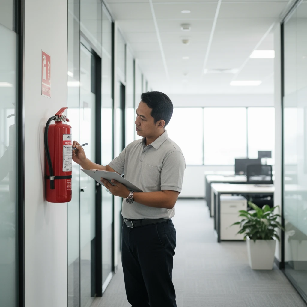 Pemeriksaan rutin APAR oleh petugas K3 di gedung perkantoran.