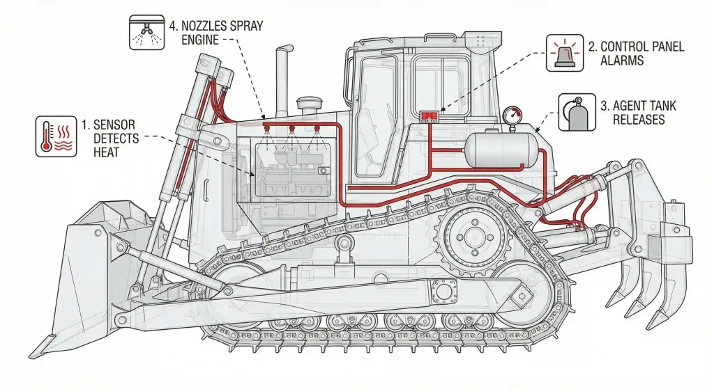 Diagram alur kerja sistem pemadam otomatis pada alat berat mulai dari deteksi hingga penyemprotan.