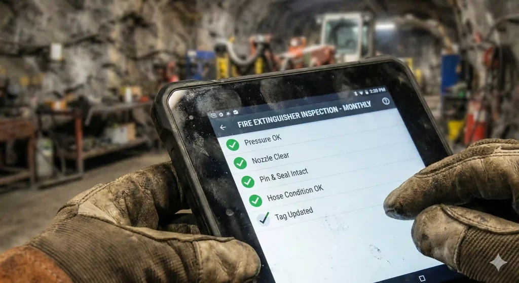 Penggunaan aplikasi digital untuk pencatatan hasil inspeksi APAR tambang yang lebih akurat.