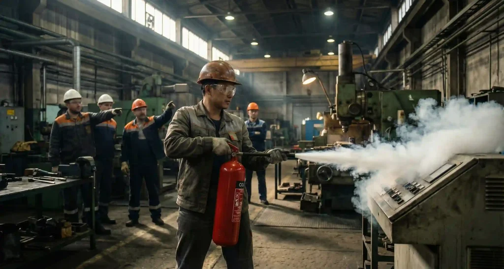 Ilustrasi pelatihan APAR pabrik bagi operator mesin untuk menangani kebakaran listrik.