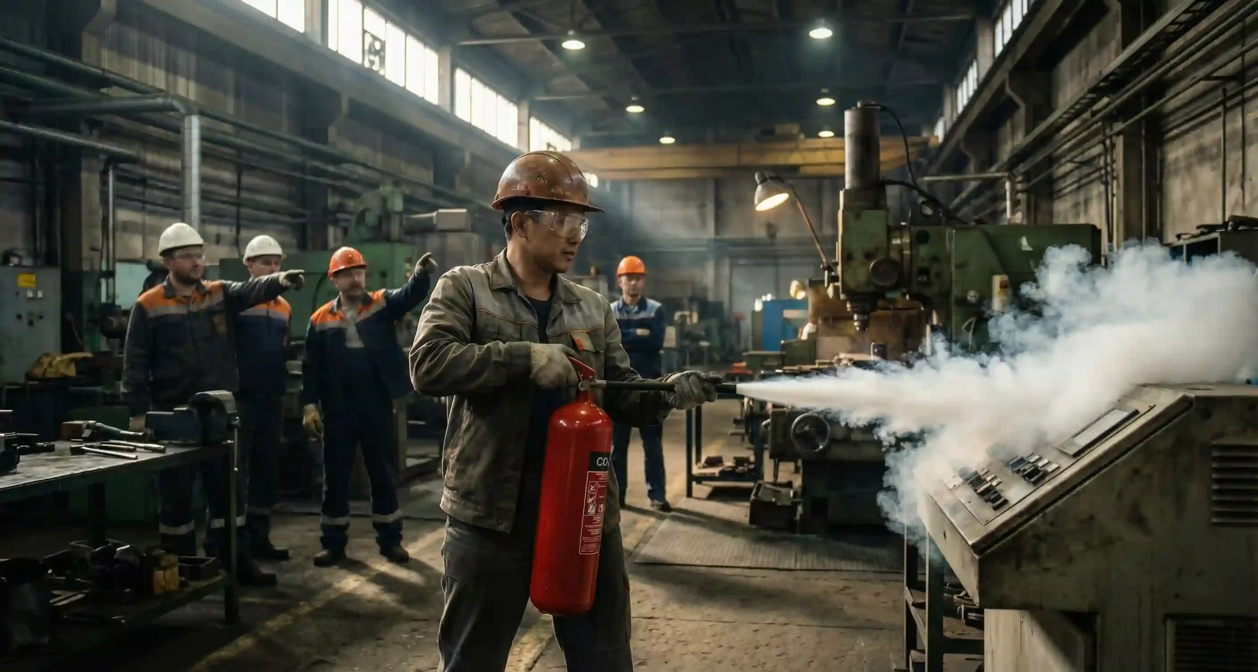 Ilustrasi pelatihan APAR pabrik bagi operator mesin untuk menangani kebakaran listrik.