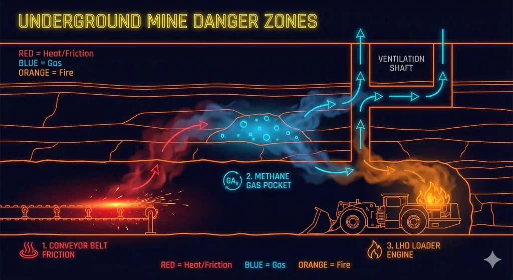 Infografis pemetaan titik rawan kebakaran di tambang bawah tanah seperti conveyor belt dan gas metana.