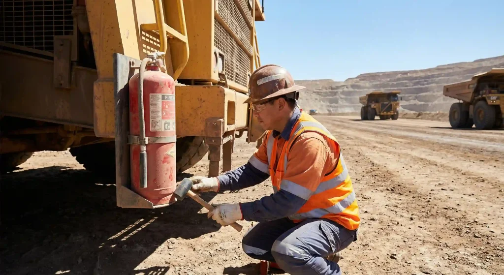Petugas keselamatan melakukan inspeksi APAR tambang pada unit alat berat di area open pit.