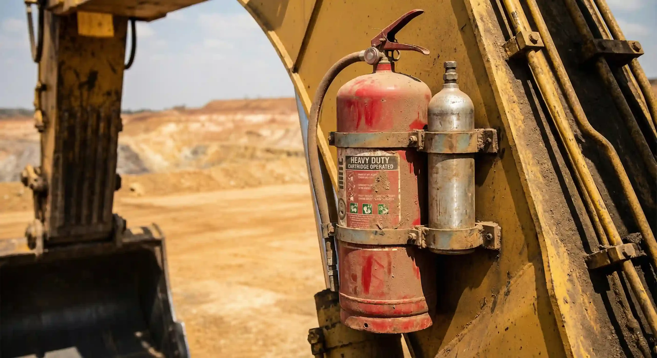 Ilustrasi APAR jenis Cartridge Operated yang terpasang pada ekskavator di area tambang.