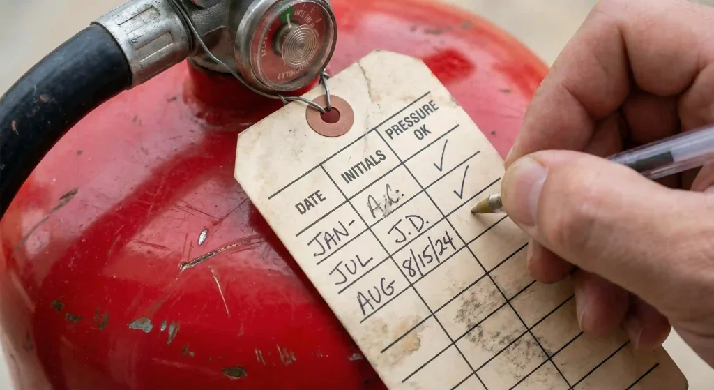 Kartu gantung inspeksi APAR yang diisi rutin sebagai bukti kepatuhan audit K3.