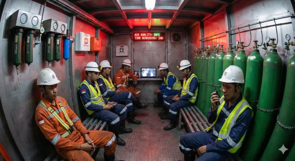 Suasana di dalam refuge chamber atau ruang perlindungan darurat tambang yang dilengkapi suplai oksigen.