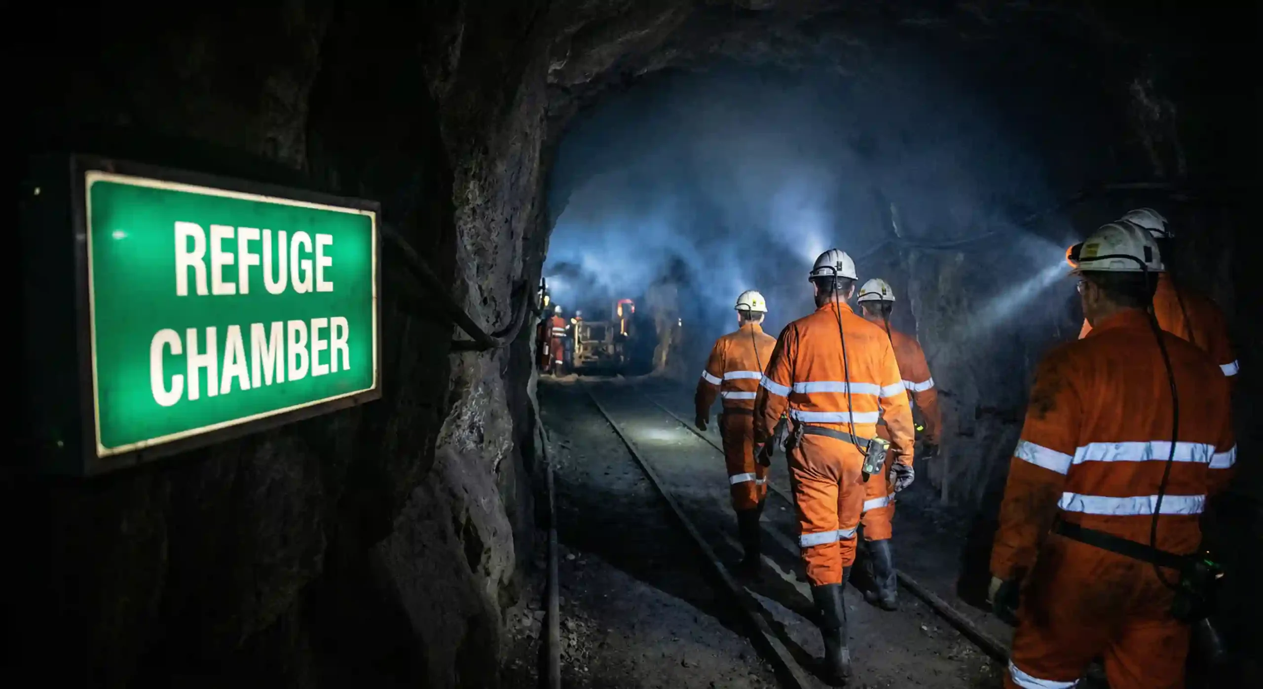Ilustrasi lorong tambang bawah tanah dengan penunjuk arah menuju ruang perlindungan darurat atau refuge chamber.