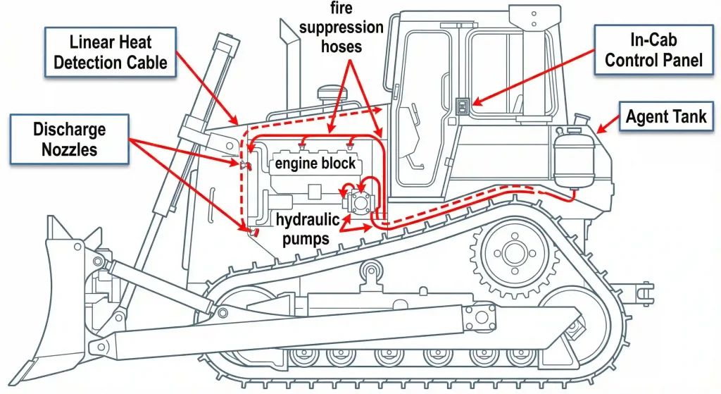 Diagram skematik instalasi fire suppression system alat berat beserta komponen utamanya.