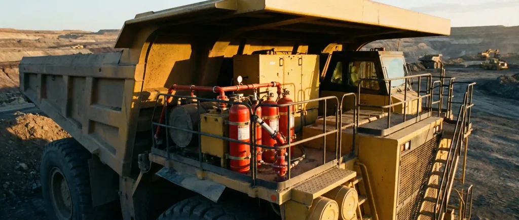 Instalasi sistem pemadam kebakaran tambang pada unit haul truck di area open pit.