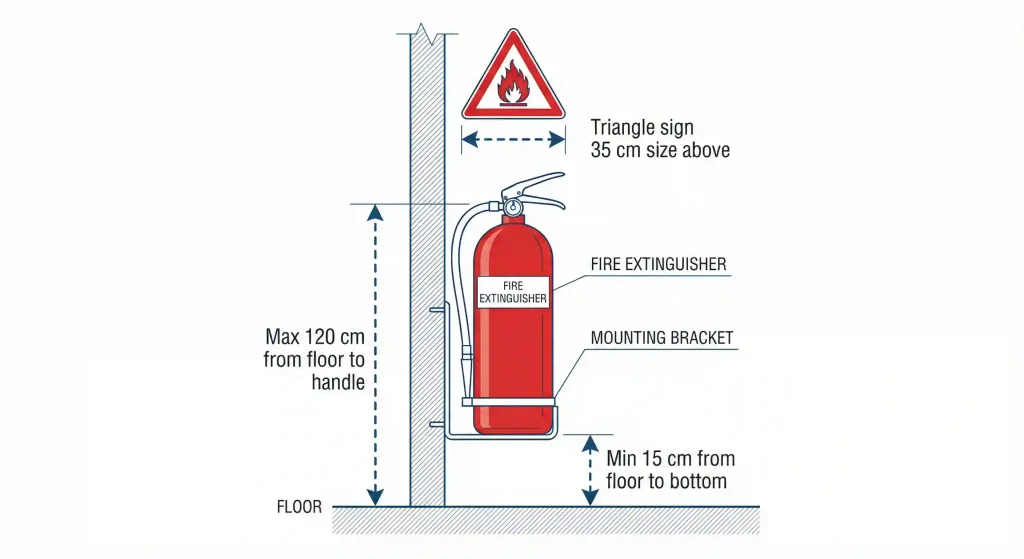 Infografis dimensi standar pemasangan APAR: tinggi 120cm dan jarak 15 meter sesuai regulasi Kemenaker.