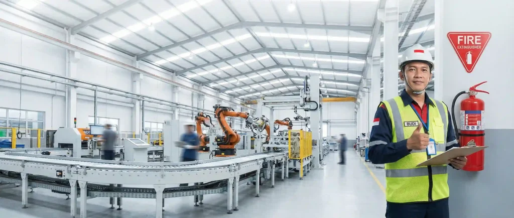 Auditor K3 memeriksa kepatuhan standar APAR pabrik yang terpasang sesuai regulasi di area produksi.