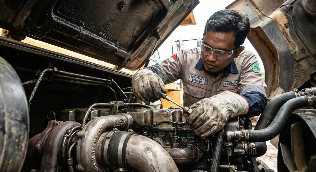 Teknisi melakukan perawatan rutin membersihkan nozzle sistem pemadam pada mesin alat berat.